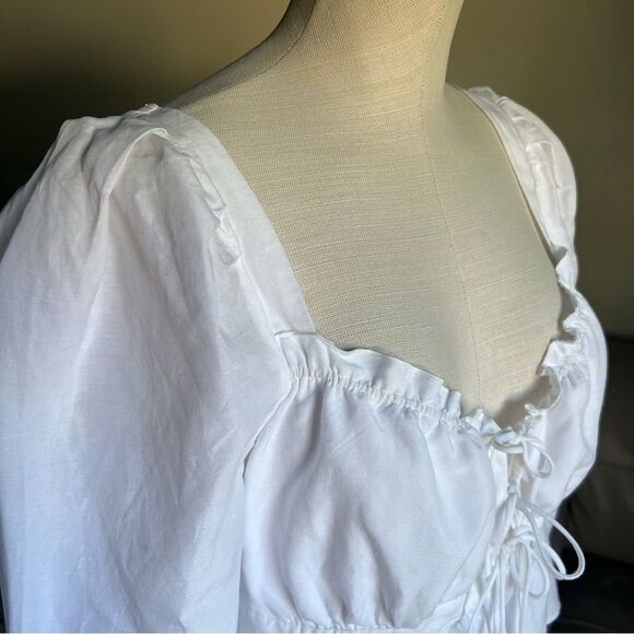 Brock Collection x H&M Sz M Lyocell Linen White Puff Sleeve Tie Top Blouse Chic - Picture 13 of 16
